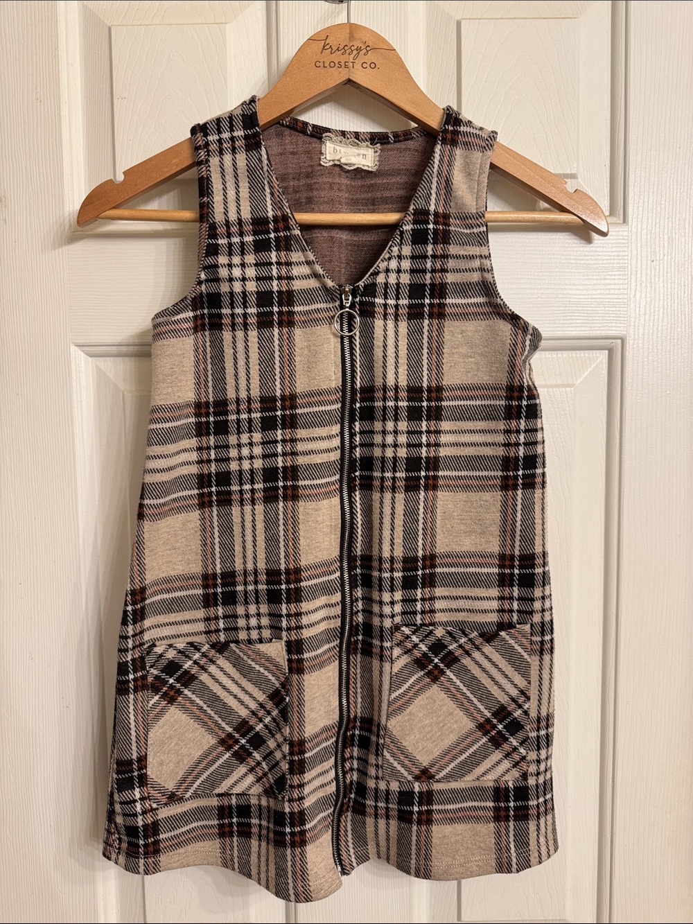 btween Beige, Brown and Black Plaid Sleeveless Zip Front Dress